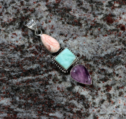 Pendant amethyst larimar rhodochrosite