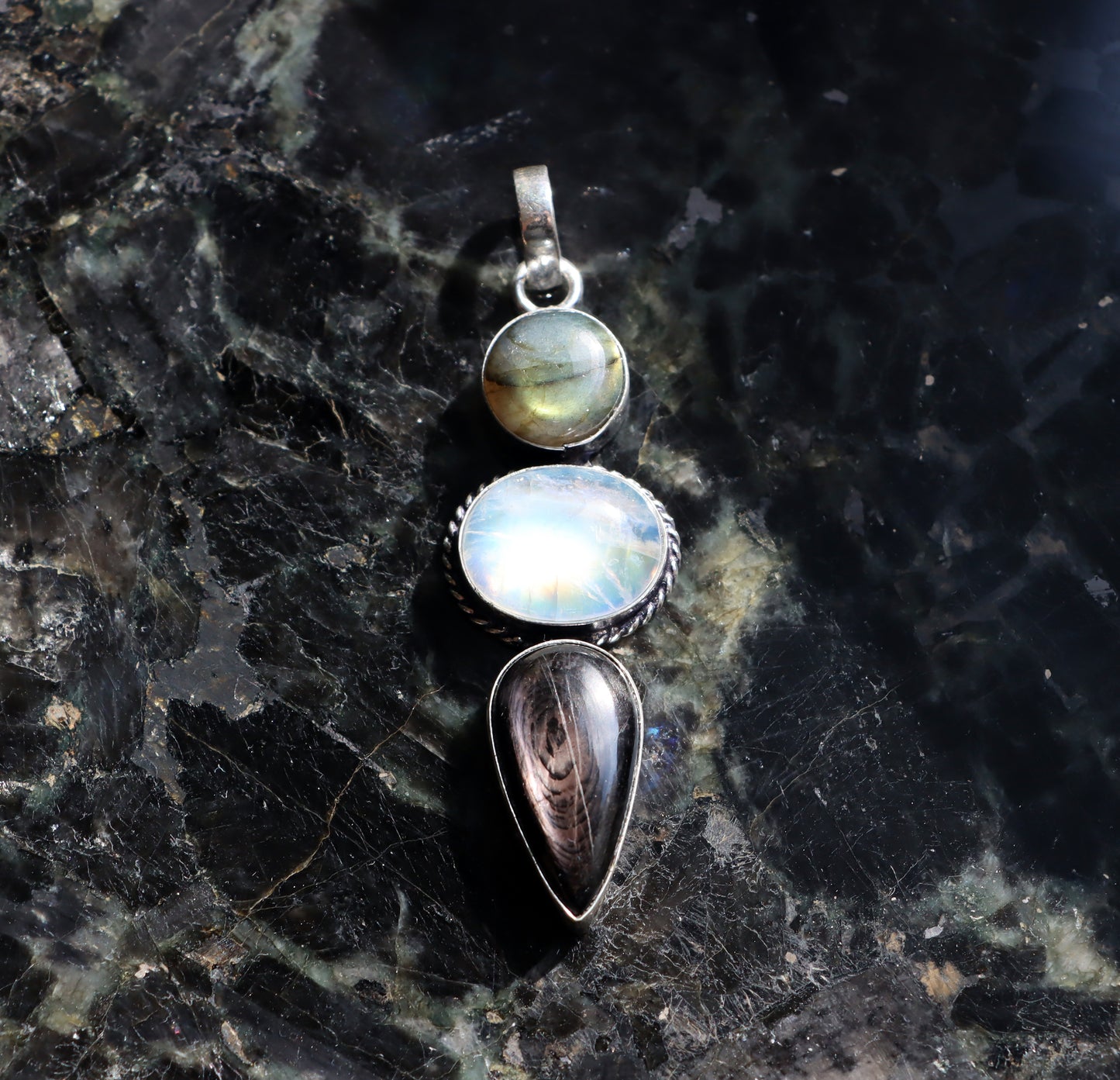 Labradorite hypersthene moonstone pendant