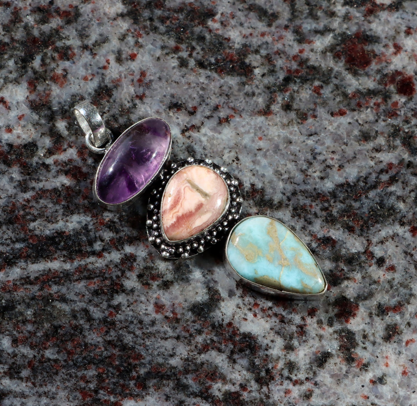 Pendant amethyst larimar rhodochrosite