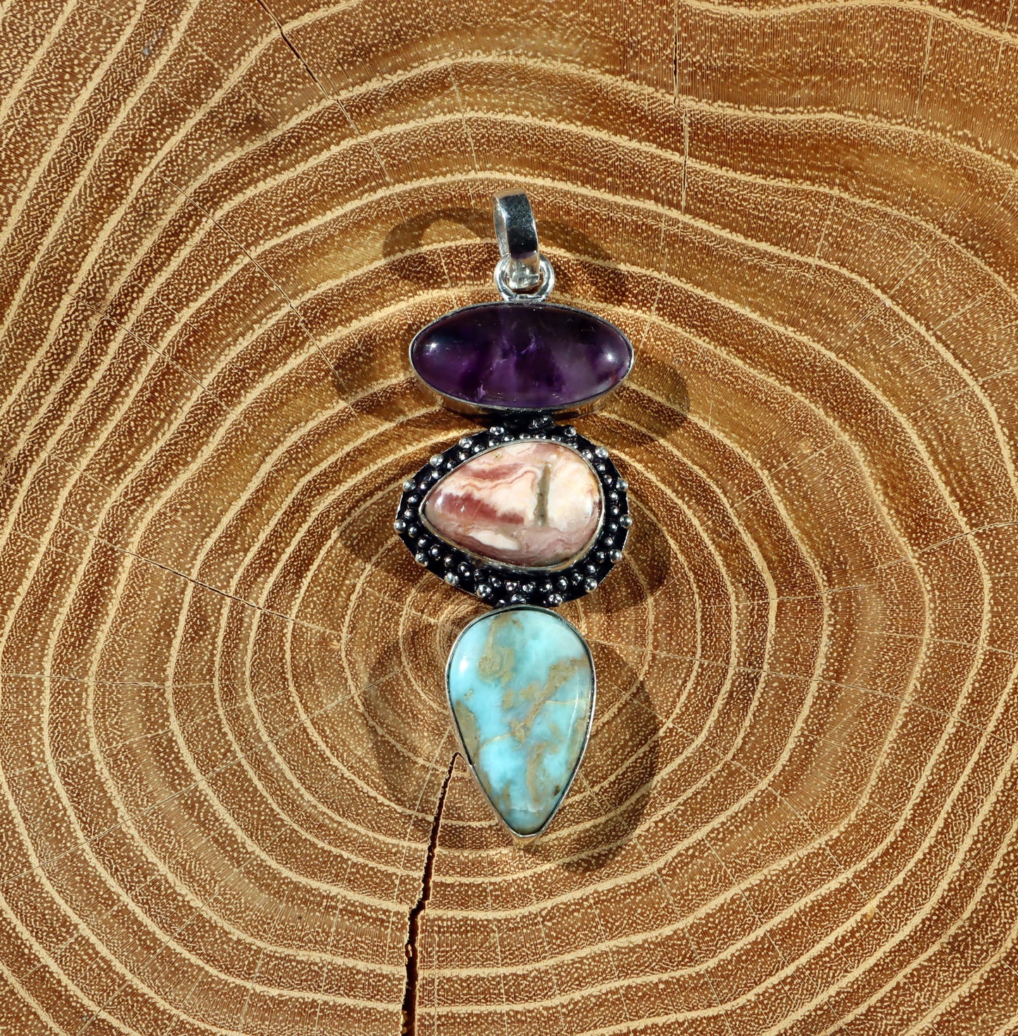 Pendant amethyst larimar rhodochrosite