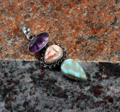 Pendant amethyst larimar rhodochrosite