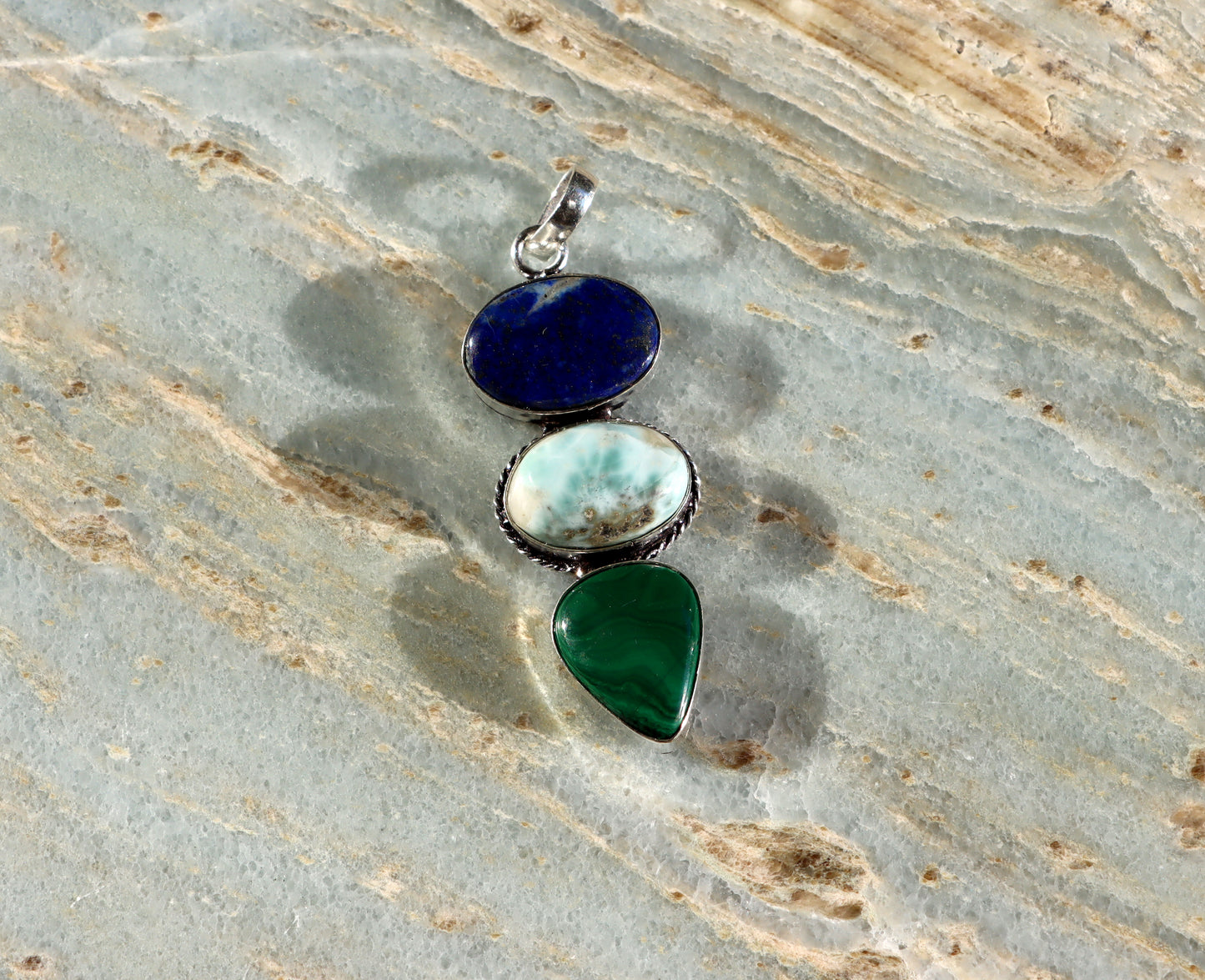 Lapis lazuli malachite larimar pendant