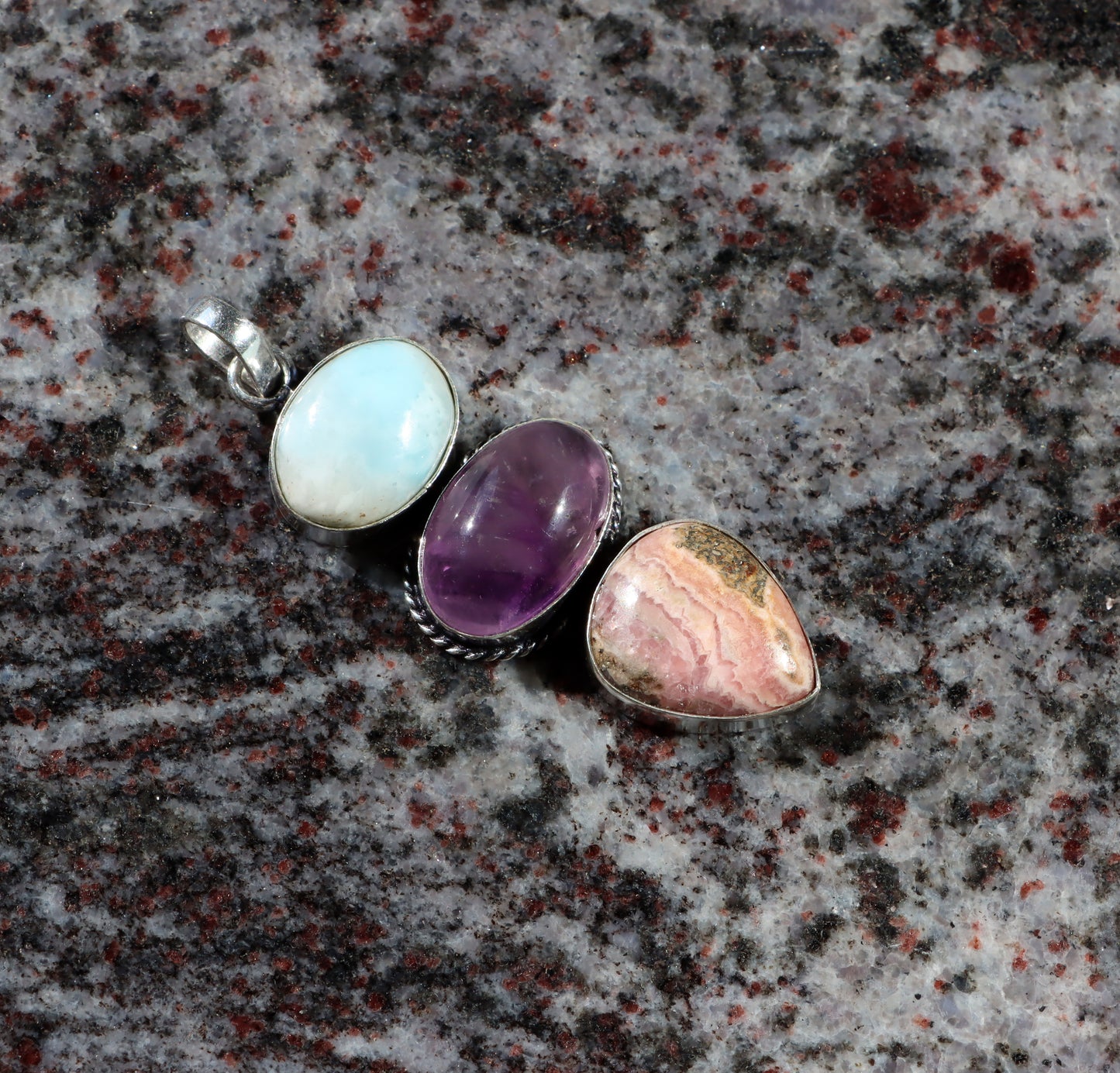 Pendant amethyst larimar rhodochrosite