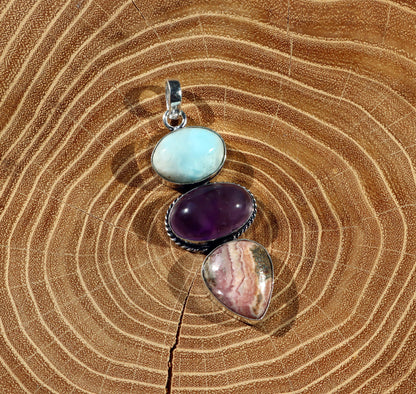 Pendant amethyst larimar rhodochrosite