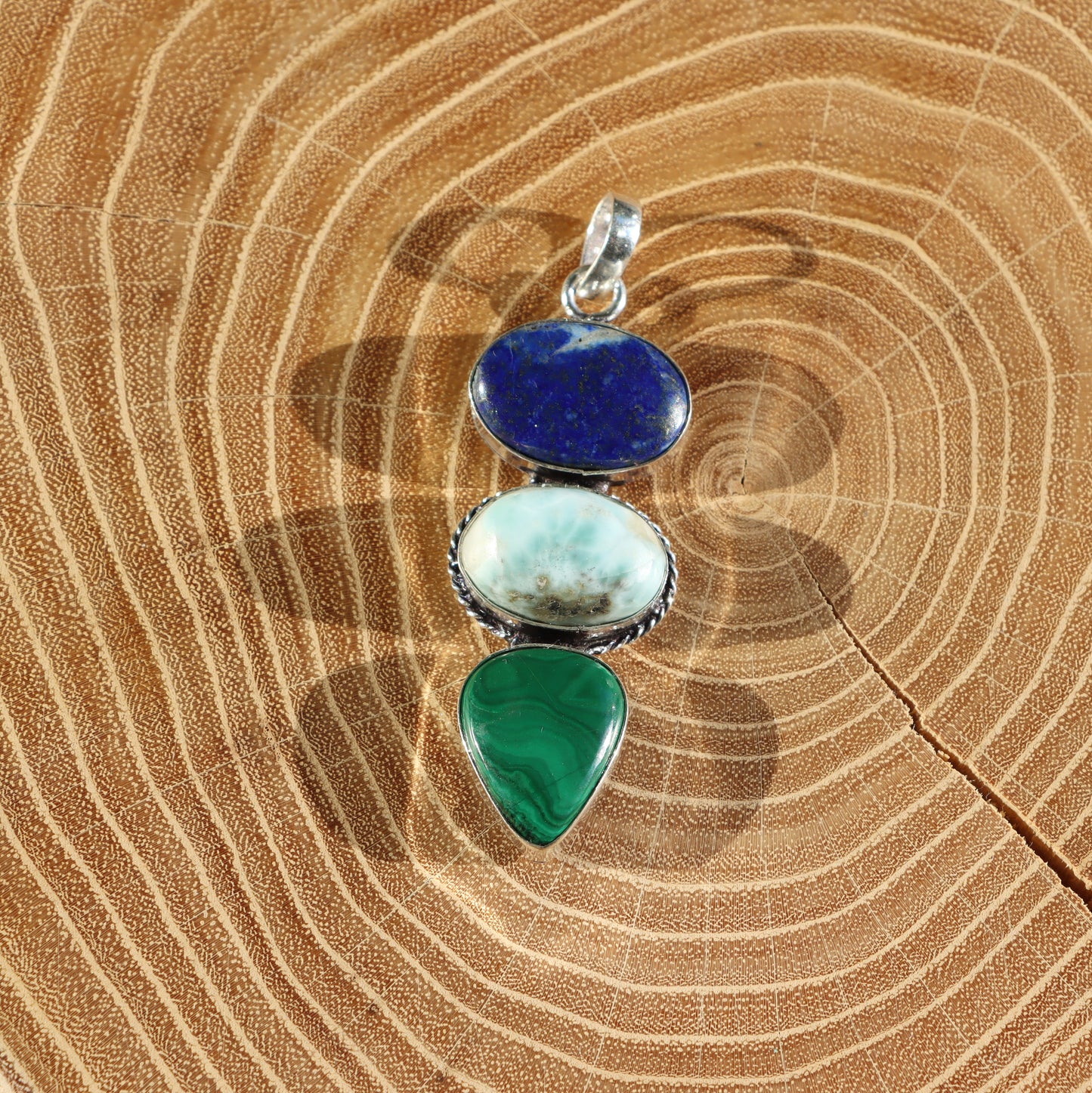 Lapis lazuli malachite larimar pendant