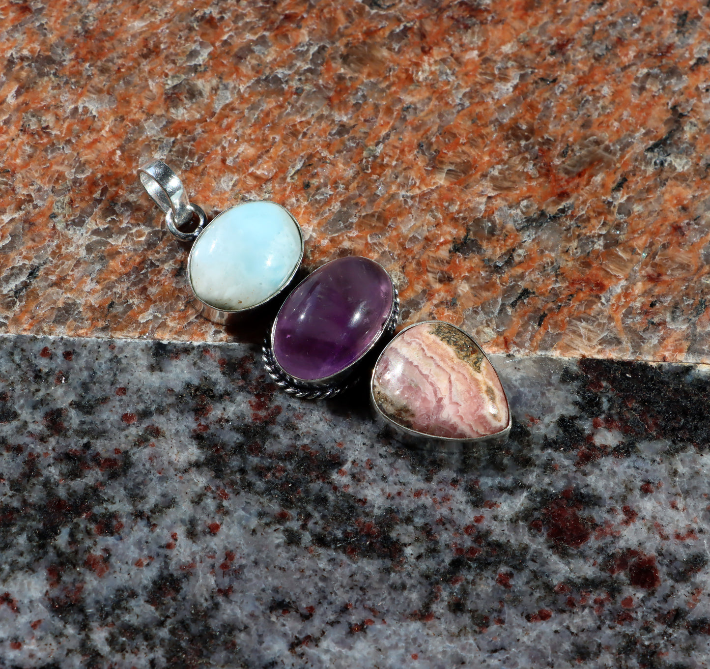 Pendant amethyst larimar rhodochrosite