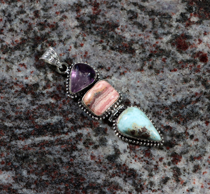 Pendant amethyst larimar rhodochrosite