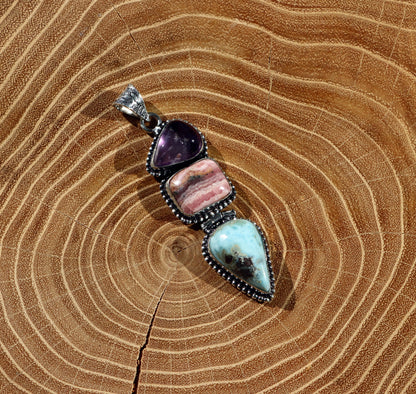 Pendant amethyst larimar rhodochrosite