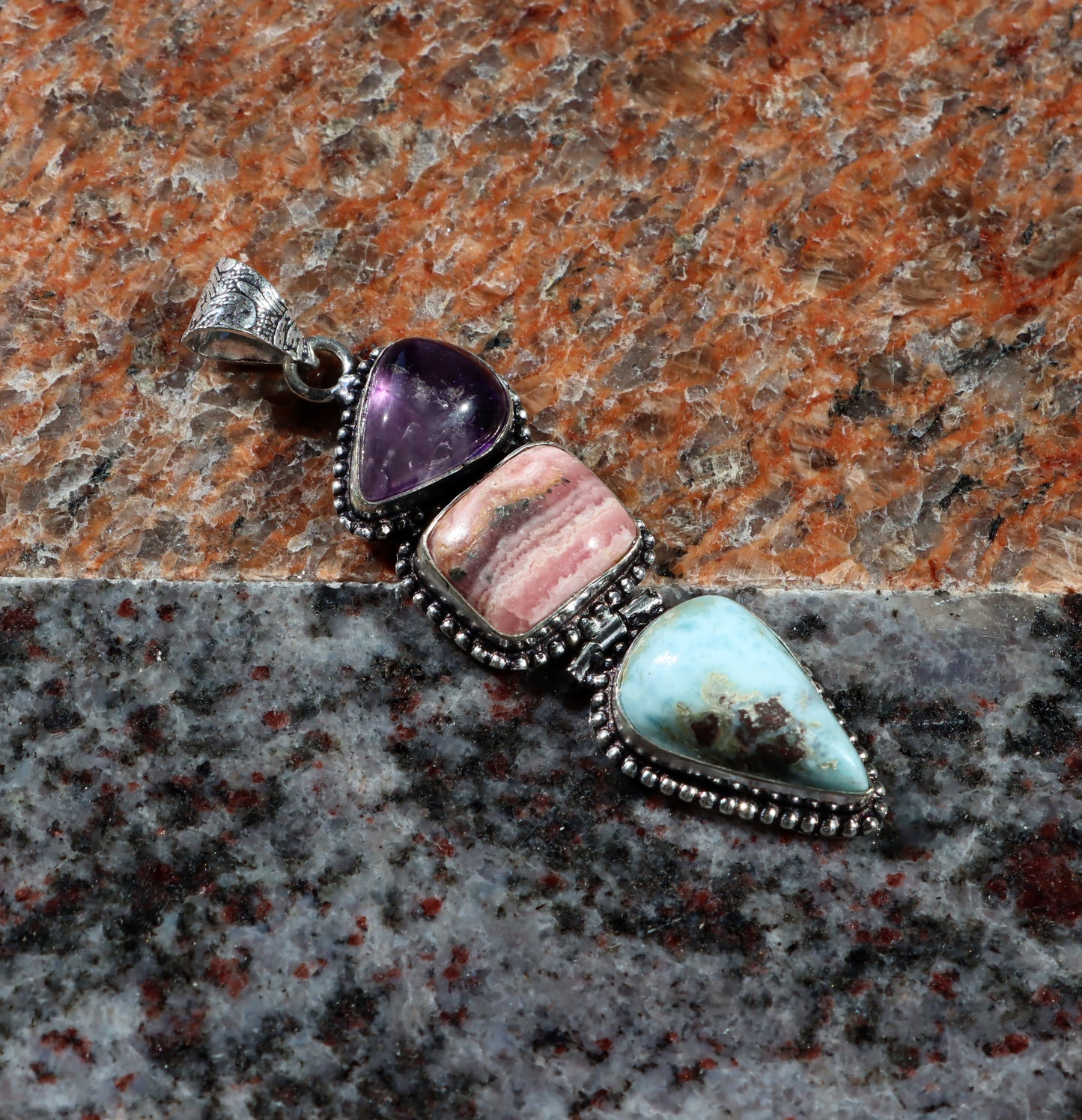 Pendant amethyst larimar rhodochrosite