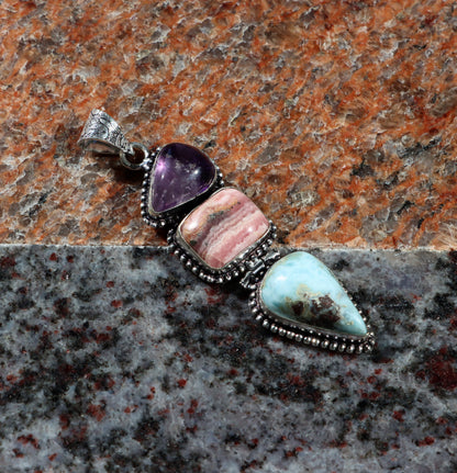 Pendant amethyst larimar rhodochrosite