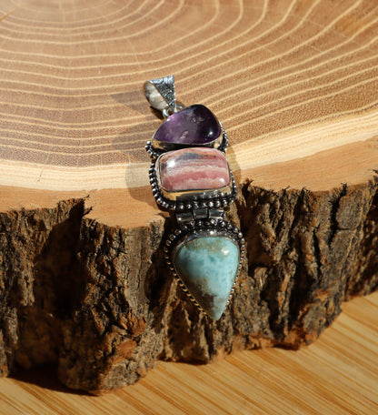 Pendant amethyst larimar rhodochrosite