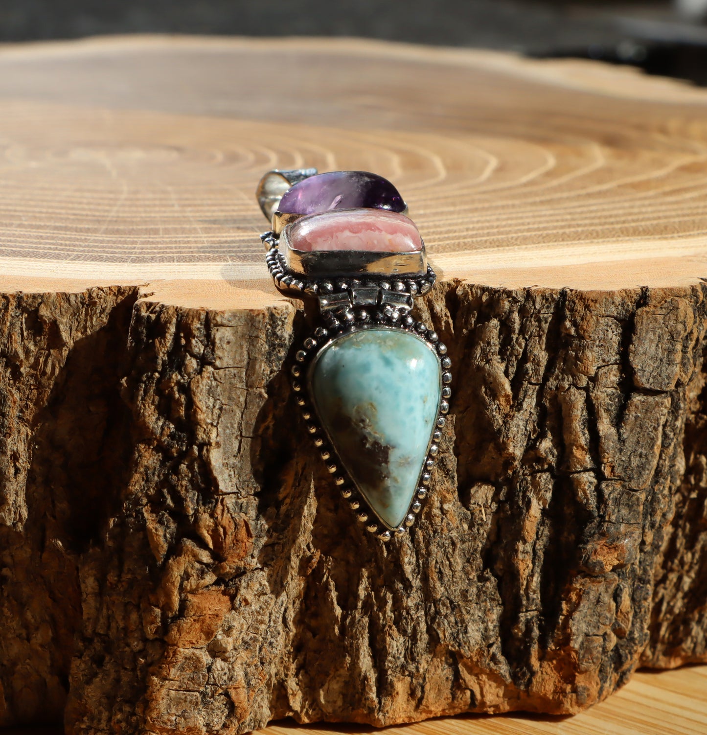 Pendant amethyst larimar rhodochrosite