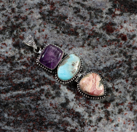 Pendant amethyst larimar rhodochrosite