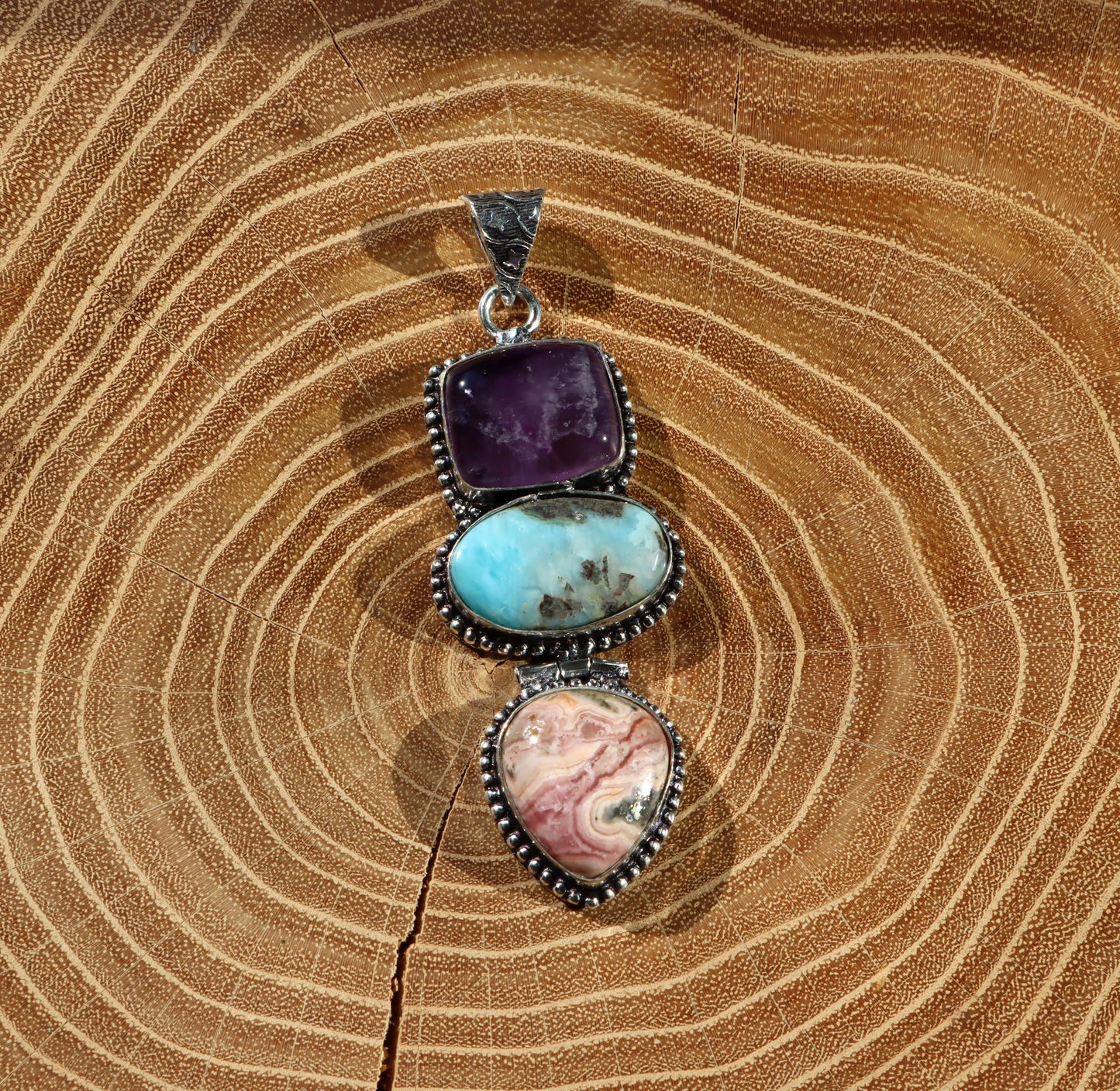 Pendant amethyst larimar rhodochrosite