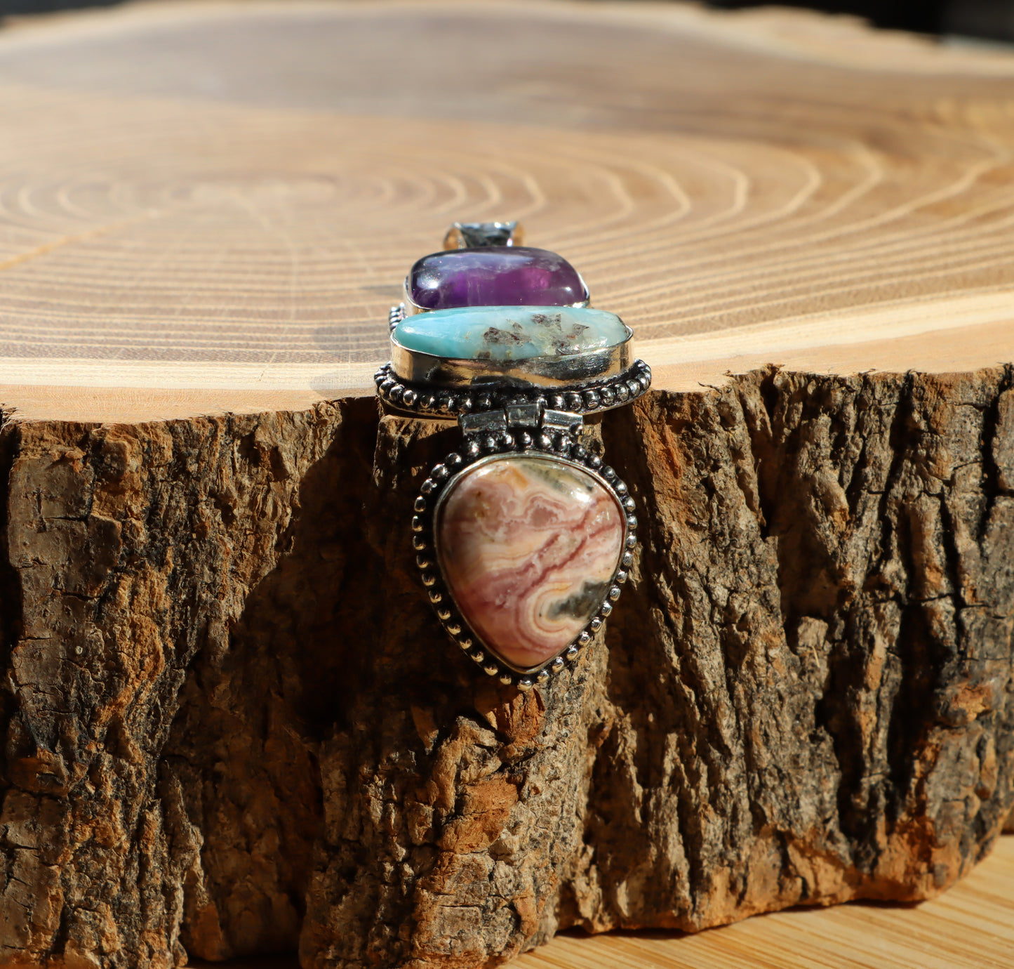 Pendant amethyst larimar rhodochrosite