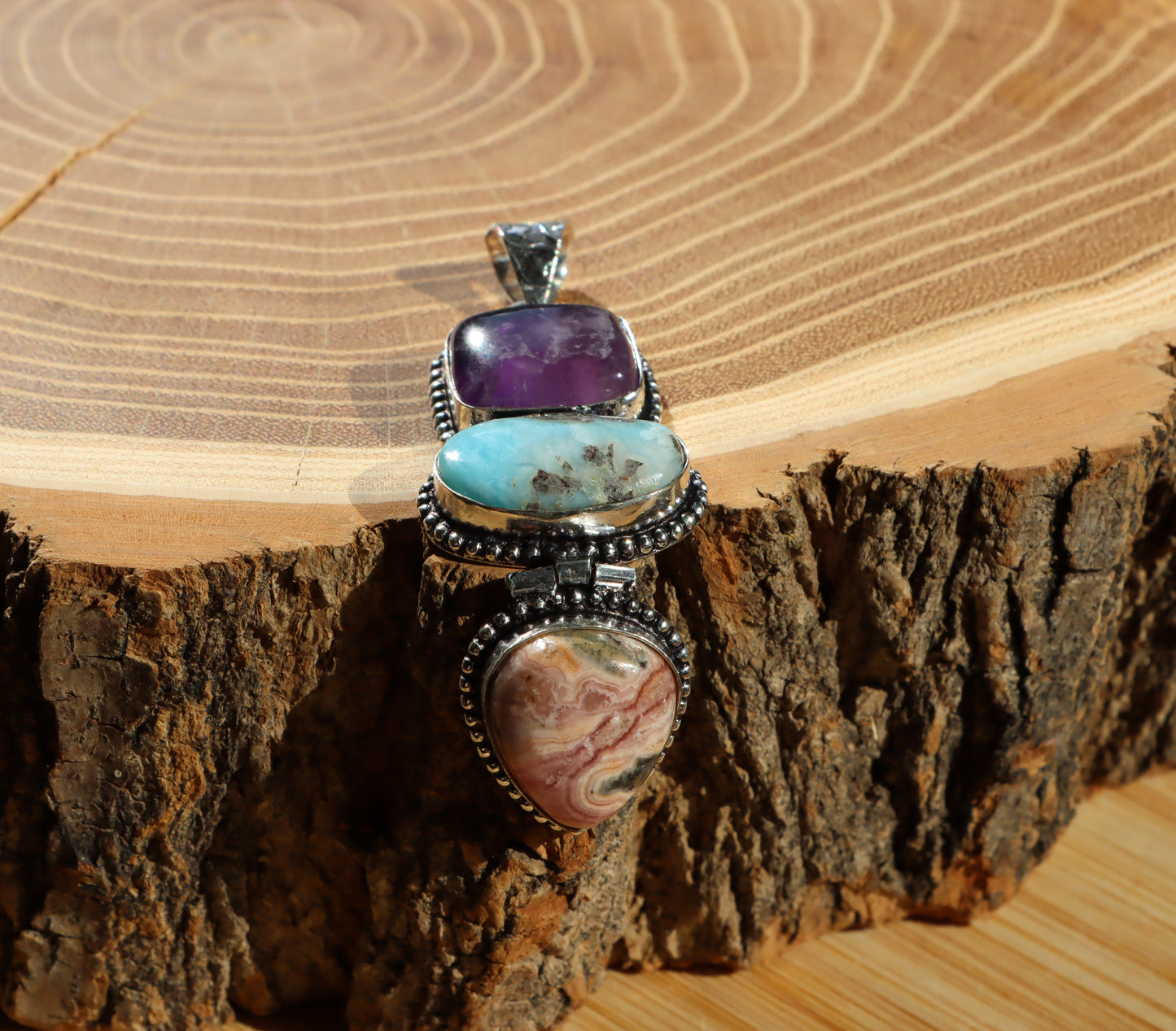 Pendant amethyst larimar rhodochrosite