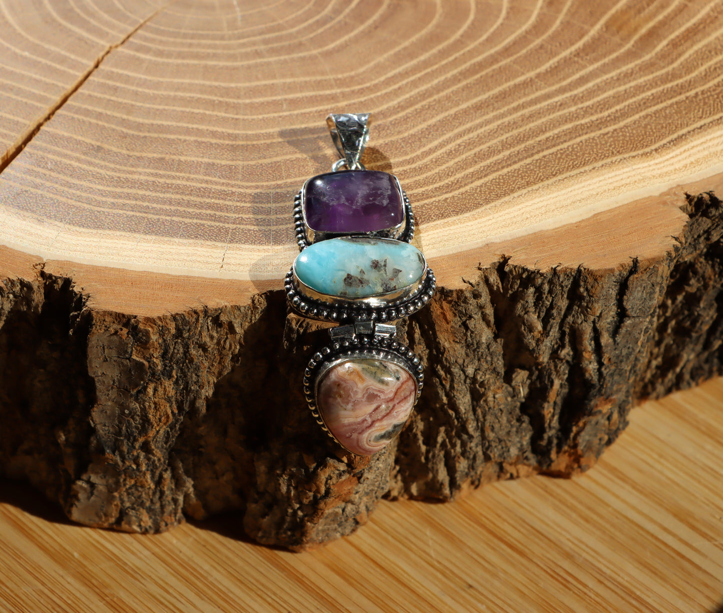 Pendant amethyst larimar rhodochrosite