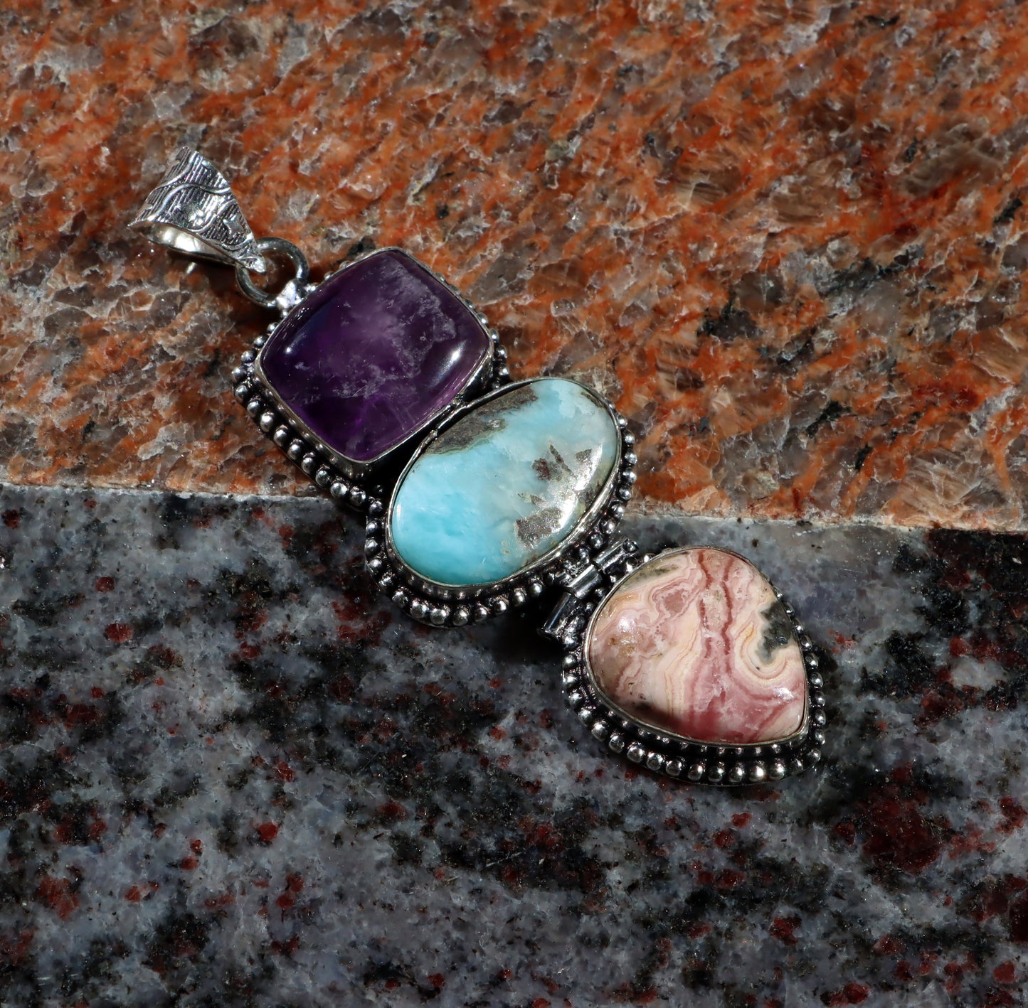 Pendant amethyst larimar rhodochrosite