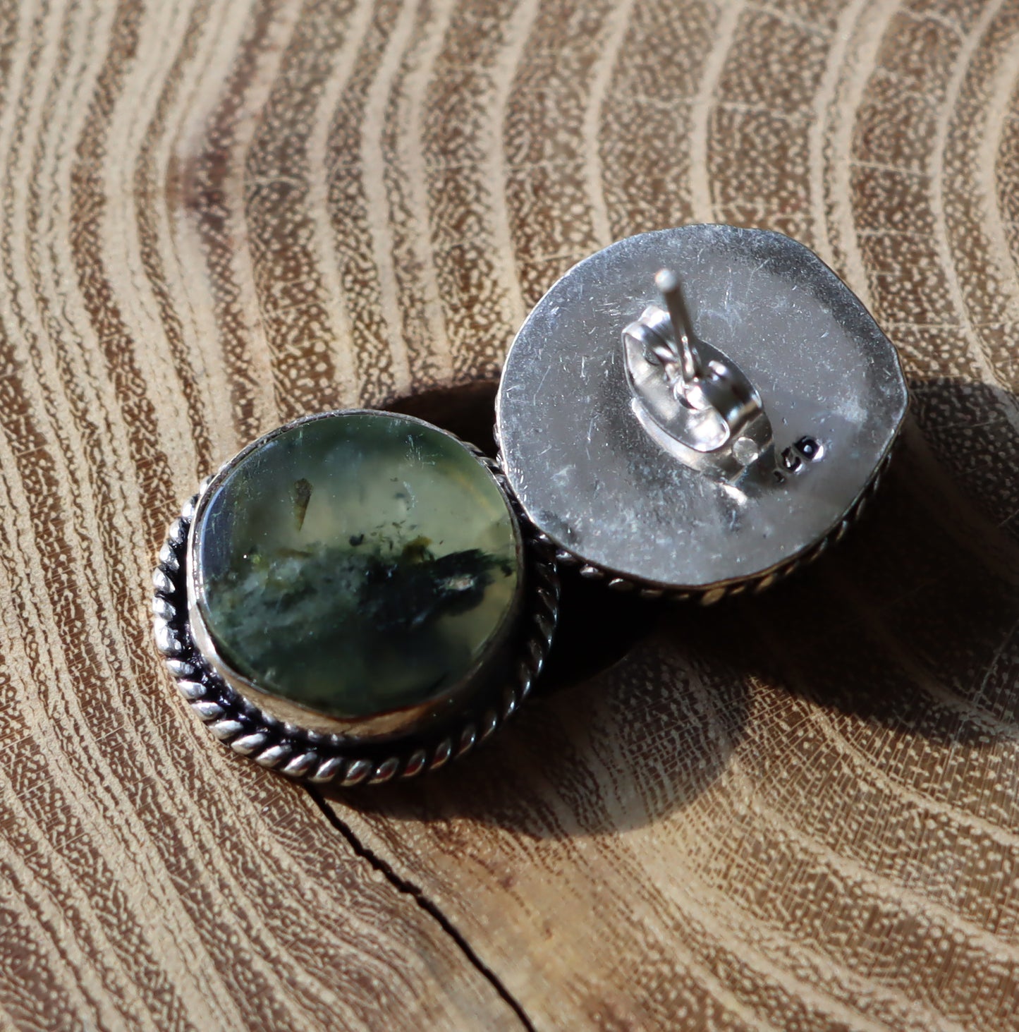 Epidote earrings in prehnite