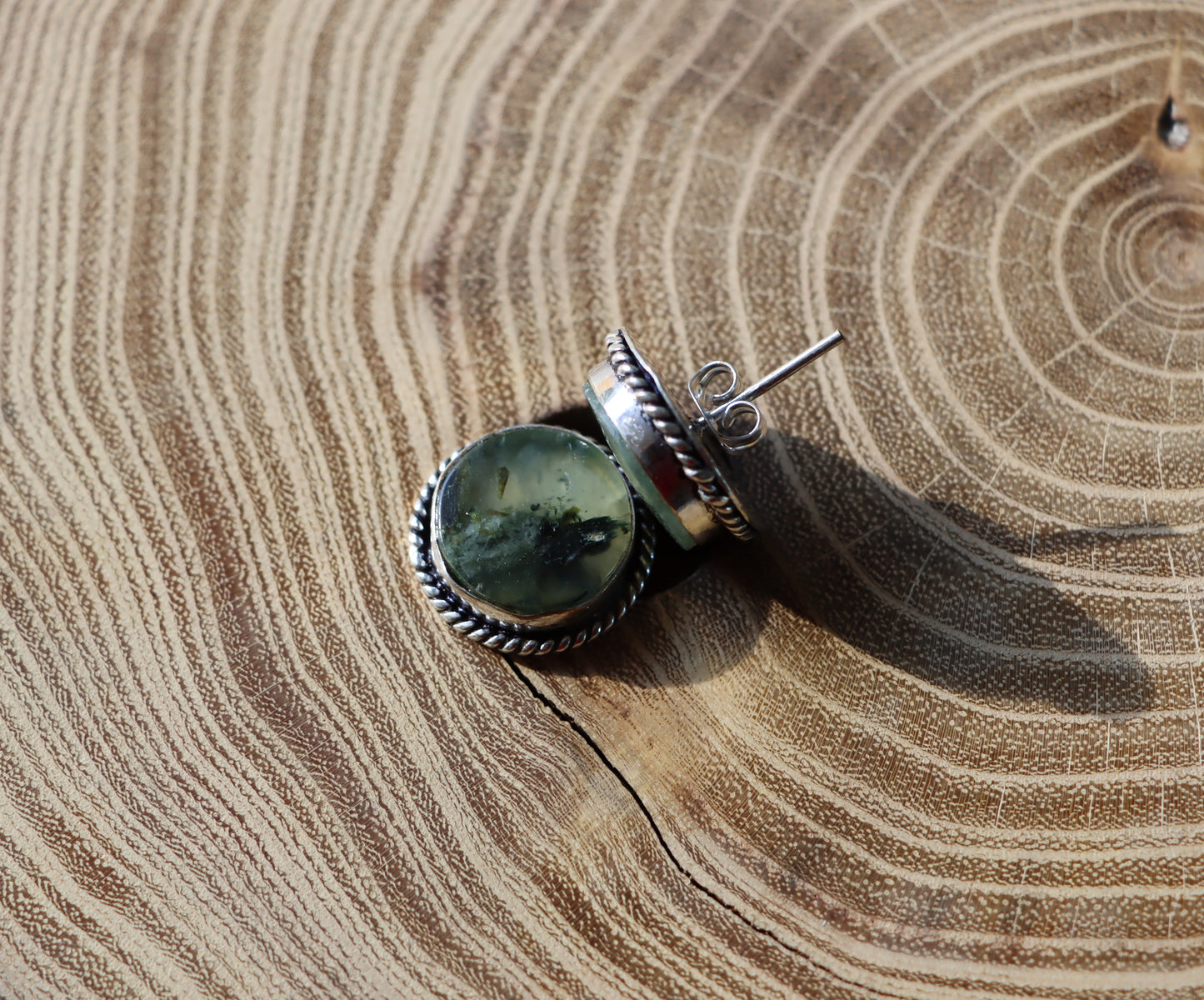 Epidote earrings in prehnite