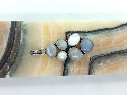 White agate, pearl, moonstone and blue chalcedony pendant