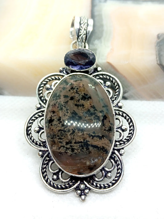 Dendritic opal and amethyst pendant