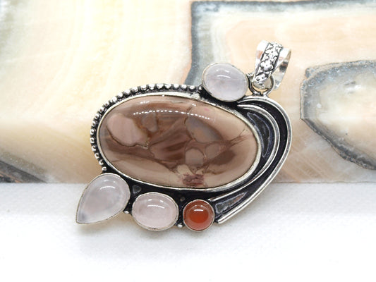 Jasper, moonstone, rose quartz and red agate pendant
