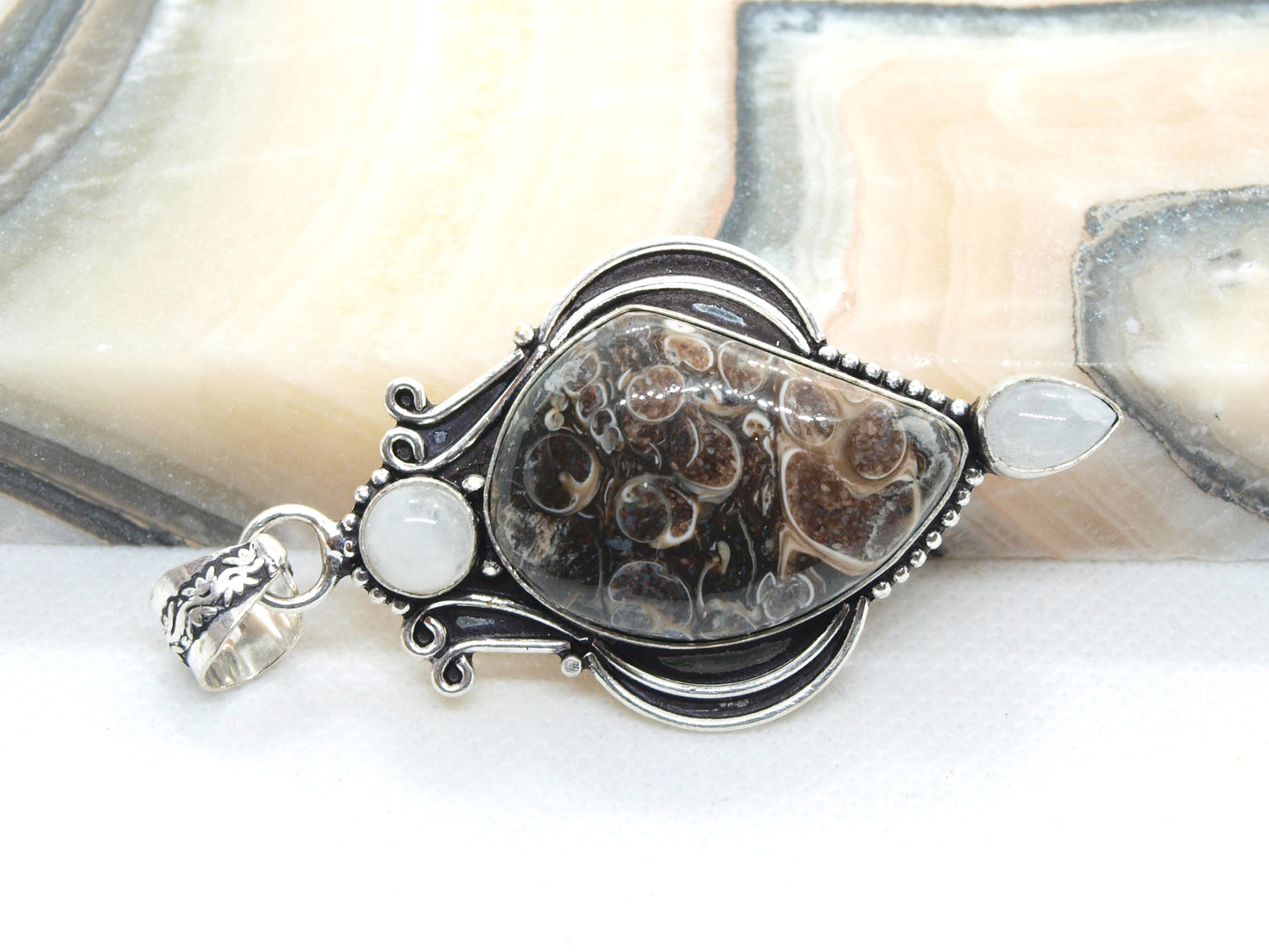 Turritella pendant and moonstone